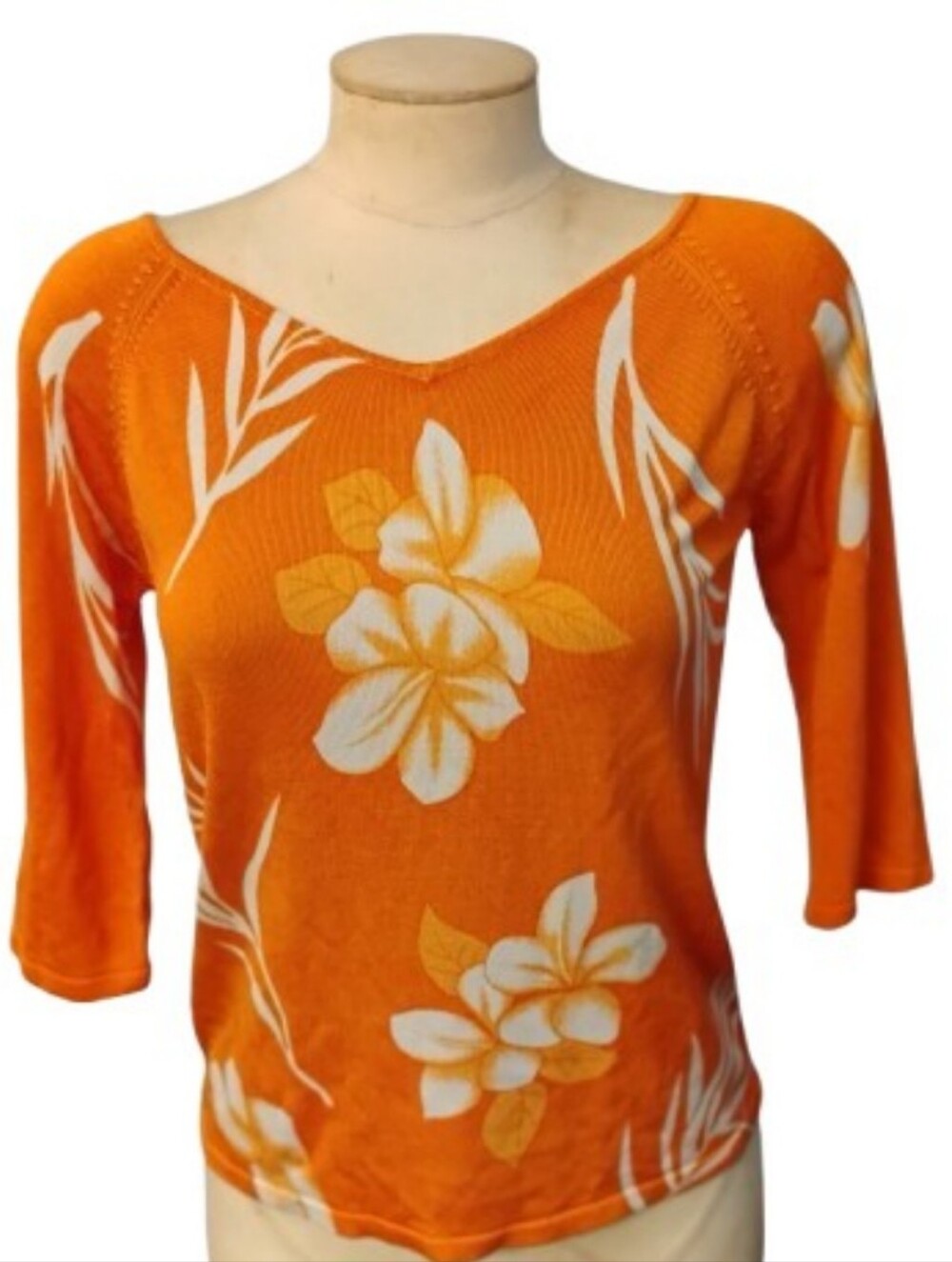 Joseph A Women's Silk Blend Sweater Orange 3/4 Sleeve Tropical Floral Size M